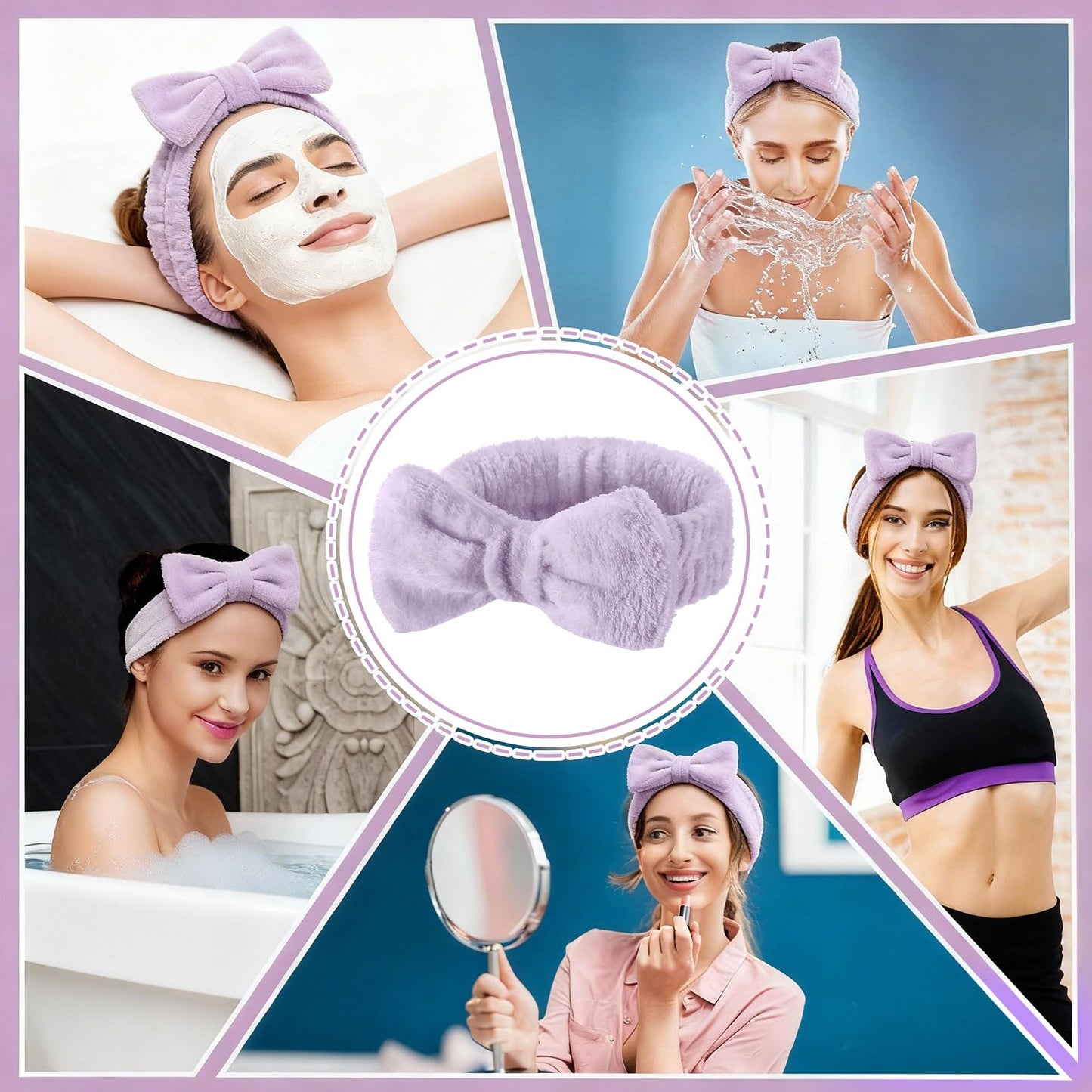 Wavyknot 50 Pcs Spa Headband Bulk Spa Sleepover Party Supplies for Washing Face with Removable Bow Makeup Elastic Bowknot Headband for Women Gifts Skincare Microfiber Hairband (Purple Style)