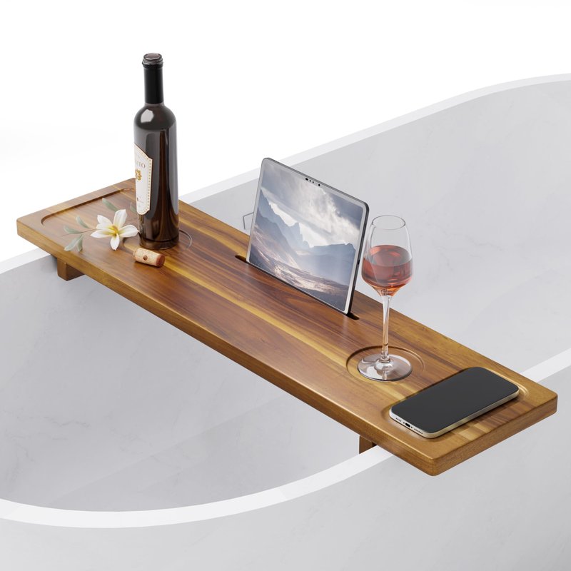 LotusSway Bathtub Tray, Acacia Bath Tray for Tub, 34.6''x9'' Wooden Bathtub Caddy Tray with Adjustable Legs Fit Various Bathtubs, Anti-Tipping, Sustainable Bath Table with Wine Glass and Tablet Holder