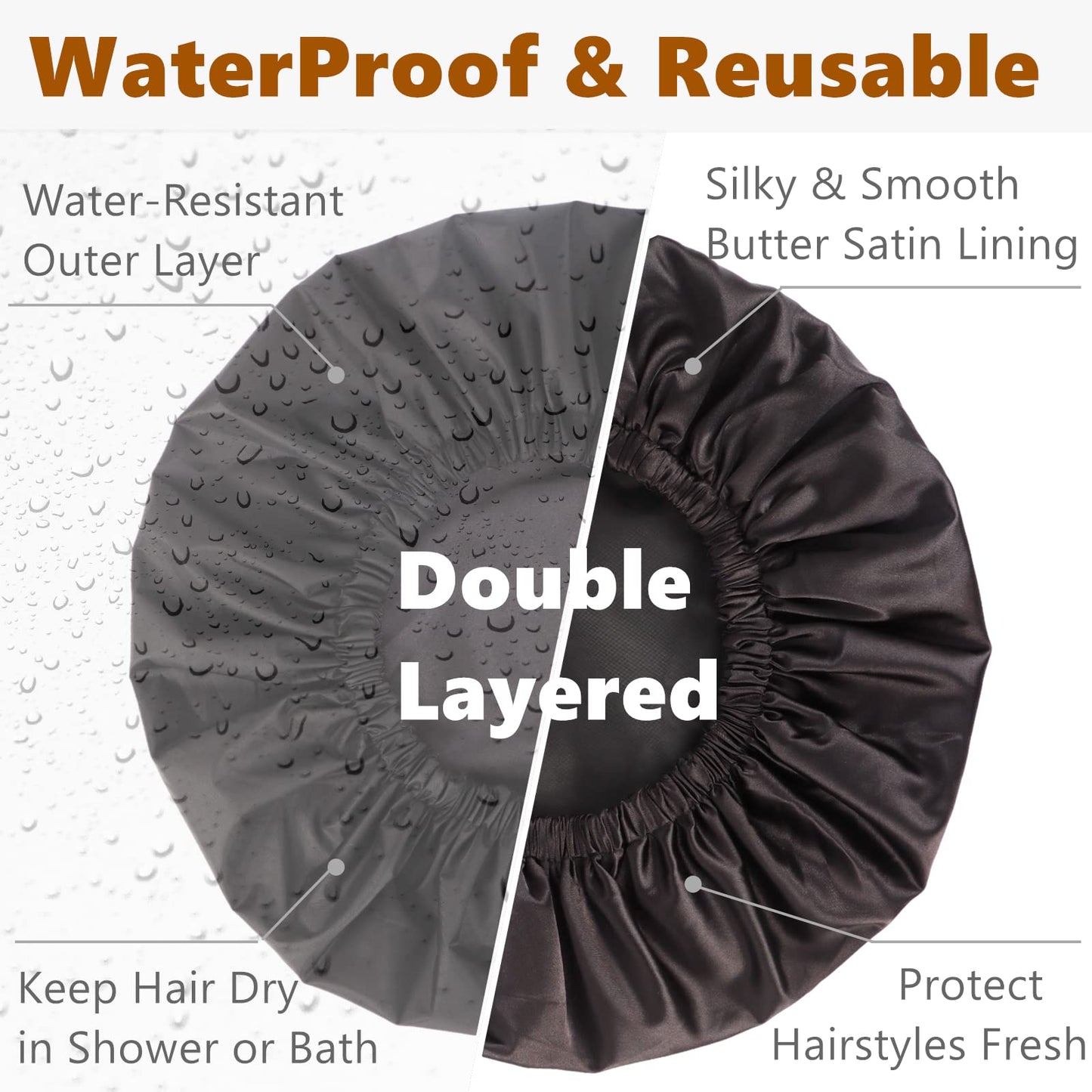 Adjustable Shower Caps for Men Women Reusable Waterproof Satin Lining Large Shower Cap for Long Hair Braids Curly Hair (L,Black/Black)