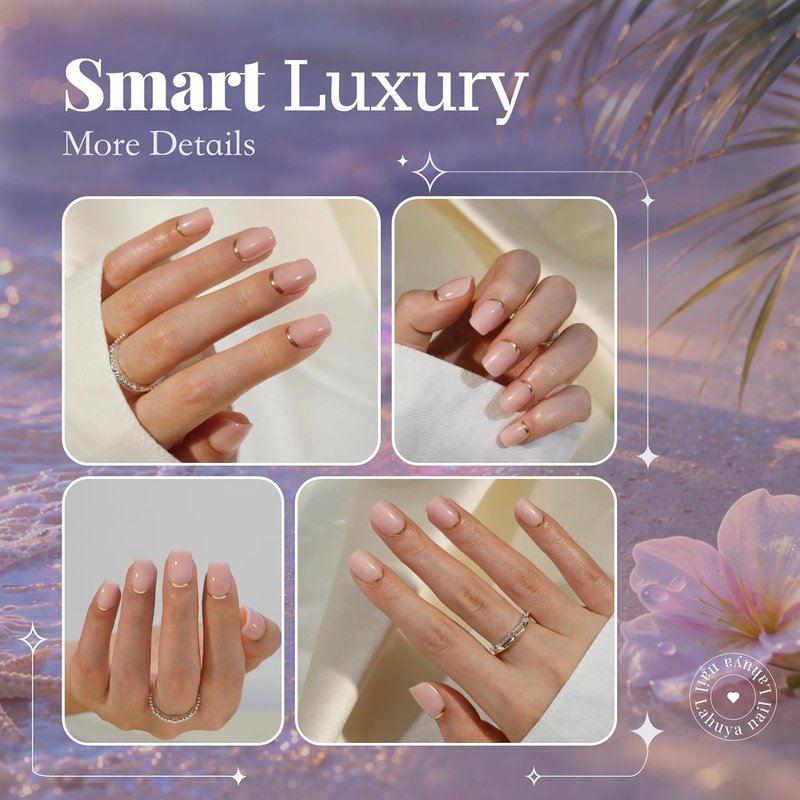 Press On Nails - Golden Standard | Nail Artist Designed Short Squoval Milky Pink Fake Nails with Minimalist Gold French Edge, Glossy Finish, Salon Quality | 15 Sizes - 30 Nail Kit with Glue