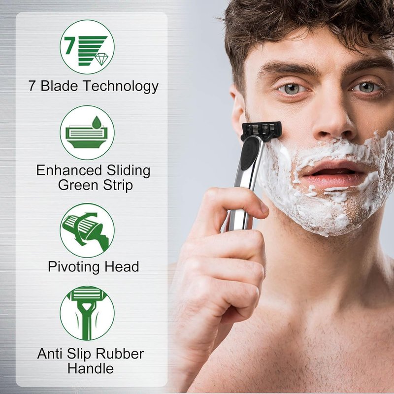 Skiennix 22-Piece Men's Razor Set - Refillable 7-Blade Sensitive Skin Kit for Comfortable Shaving