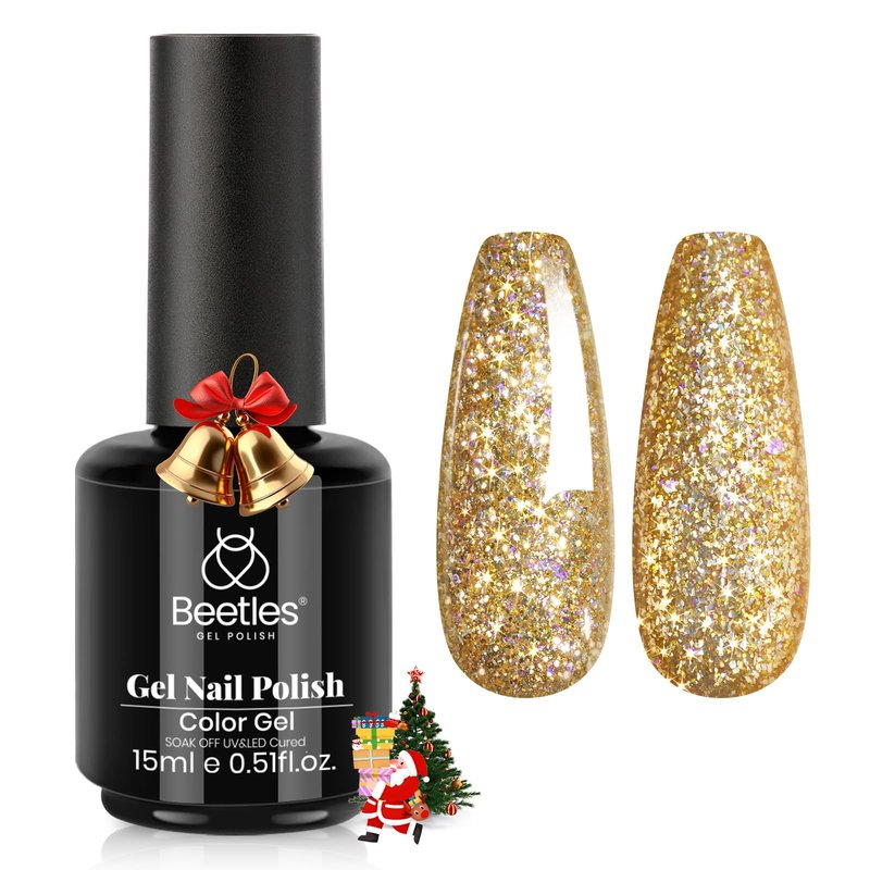 Beetles Gold Gel Nail Polish – Starlit Gold Sparkling Glitter Reflective Purple Gel Polish 15ml UV/LED Soak Off Long Lasting Nail Art Home DIY Salon