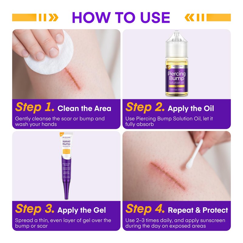 Piercing & Keloid Bump Solution Oil & Gel Kit, Piercing Aftercare Treatment Piercing Bump Solution Aftercare Oil (30 mL) + Keloid Bump Removal Gel (20 g) (2 Pack)