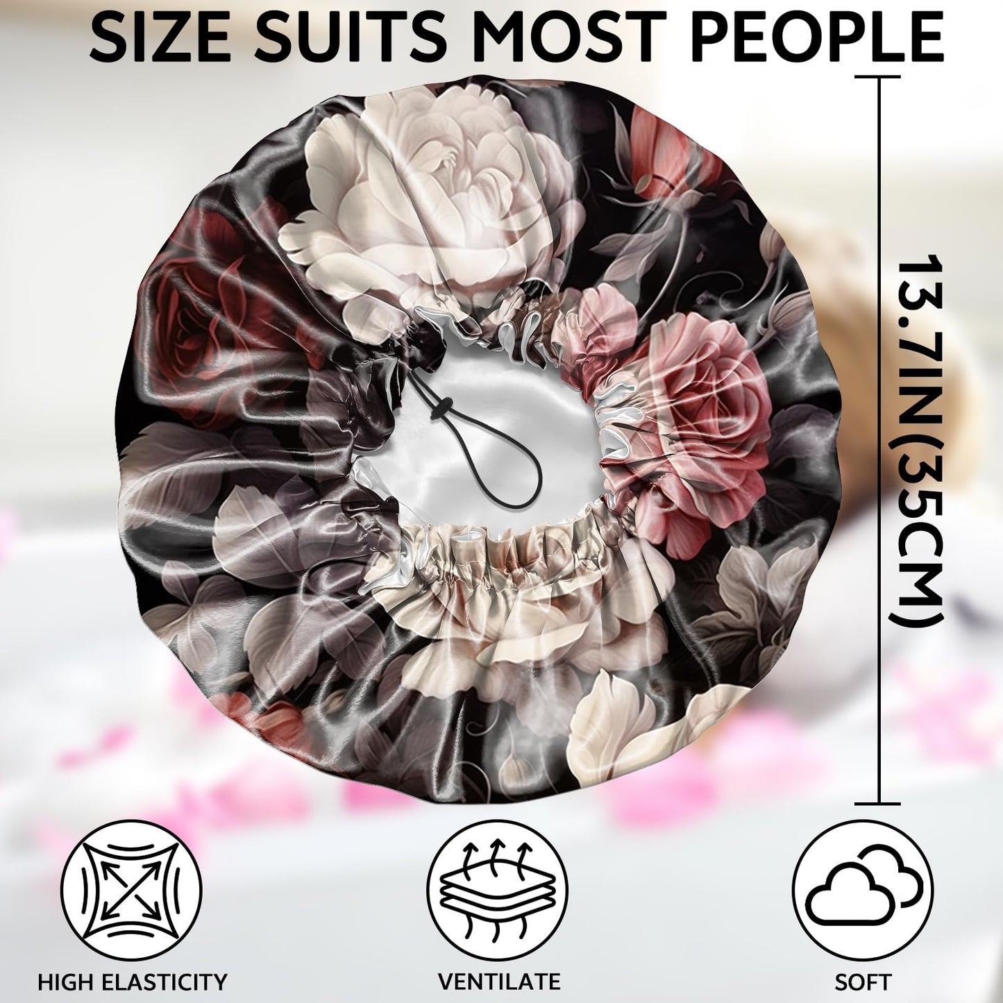 Zewurtuw Shower Cap Adjustable Waterproof Double Layer Elastic Reusable Hair Bath Cap Cute Aesthetic for Women Girls-Rose