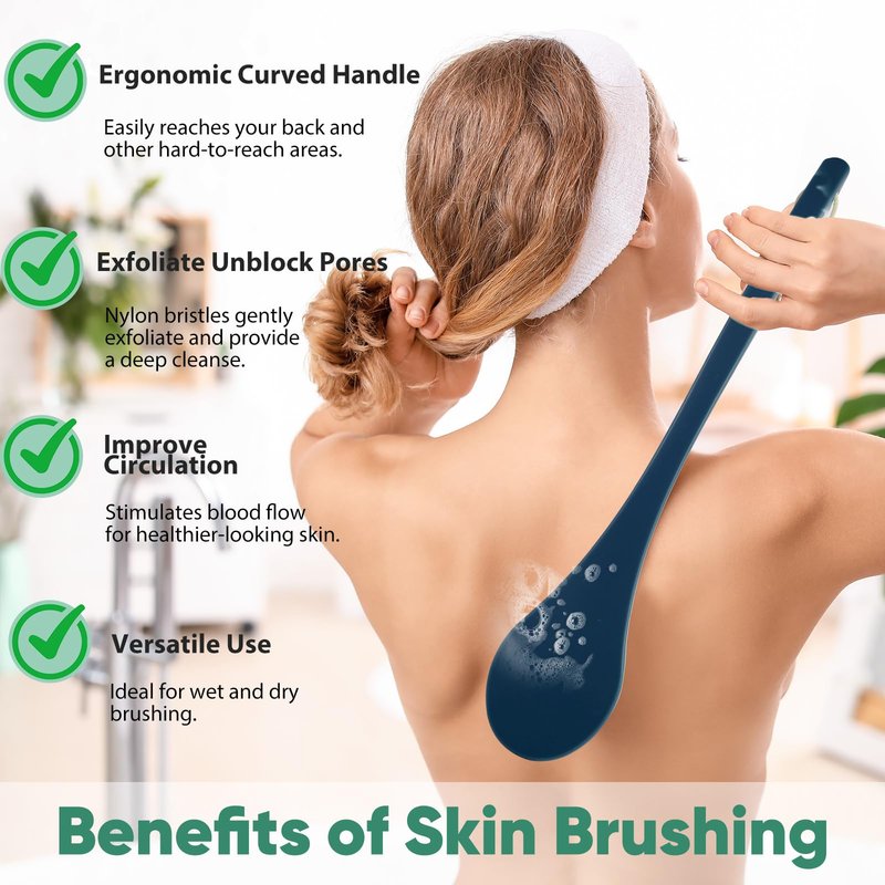 Back Scrubber for Shower, 17-Inch Shower Brush for Men and Women, Long Handle Exfoliating Body Brush, Medium Bristle Stiffness for Dry or Wet Brushing (Navy Blue)