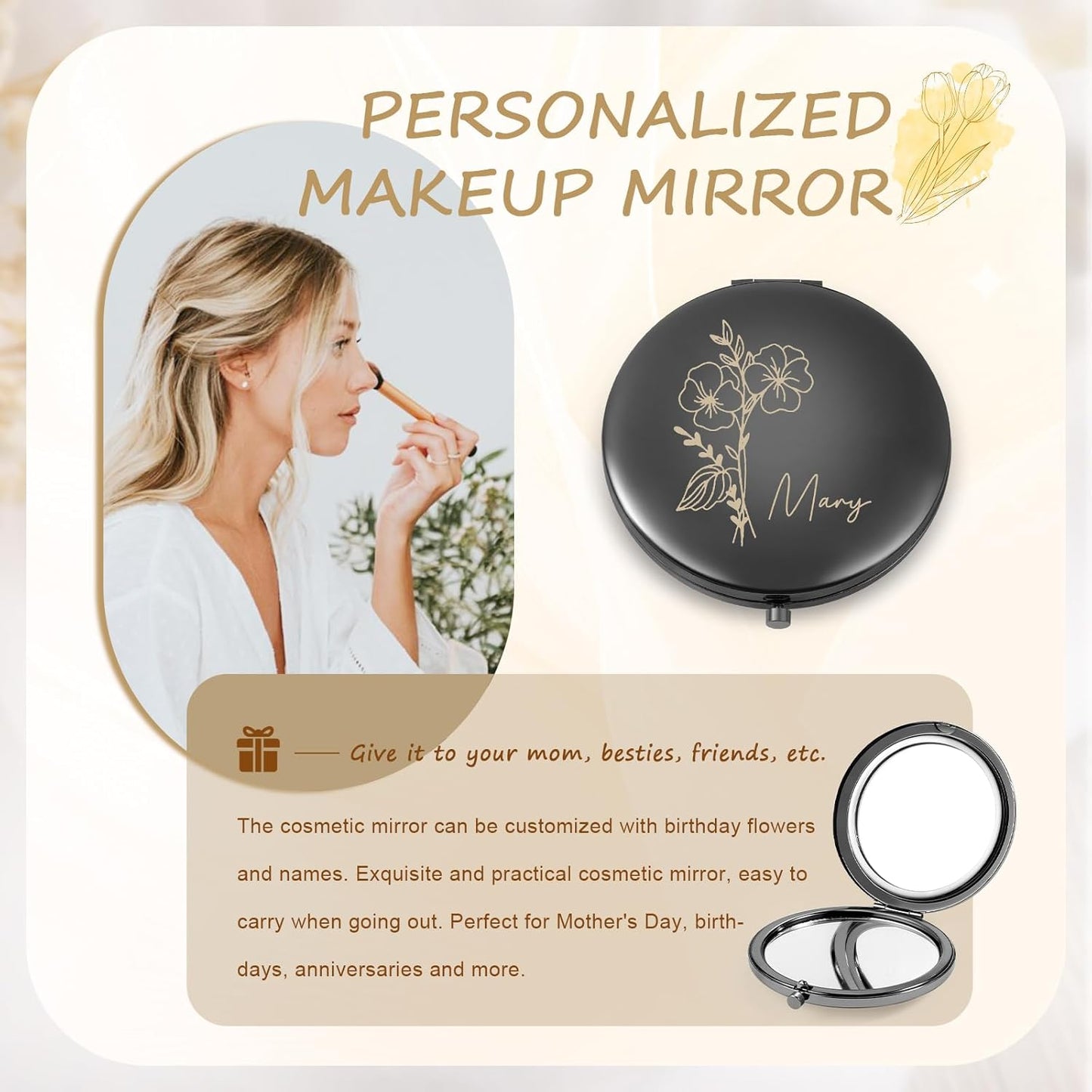 Skiennix Personalized Compact Mirror - Custom Birthflower Travel Makeup Mirror for Women | Black