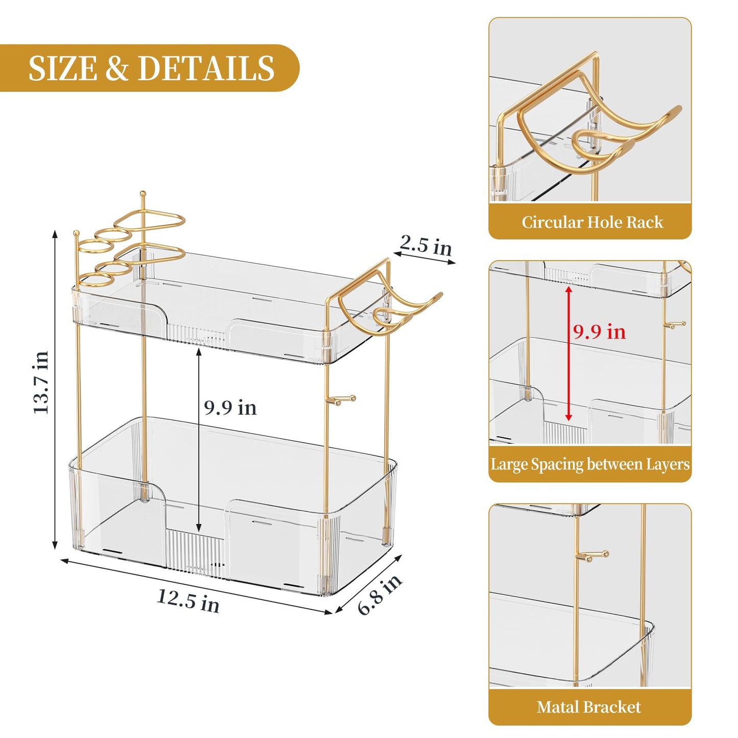 Weidace Bathroom Counter Organizer for Vanity, Makeup Organizer Countertop with Holder, Large Capacity Storage Rack, Perfect Large Skincare, Hair Care, Perfume, Easy to Install (Clear, 2Tiers)