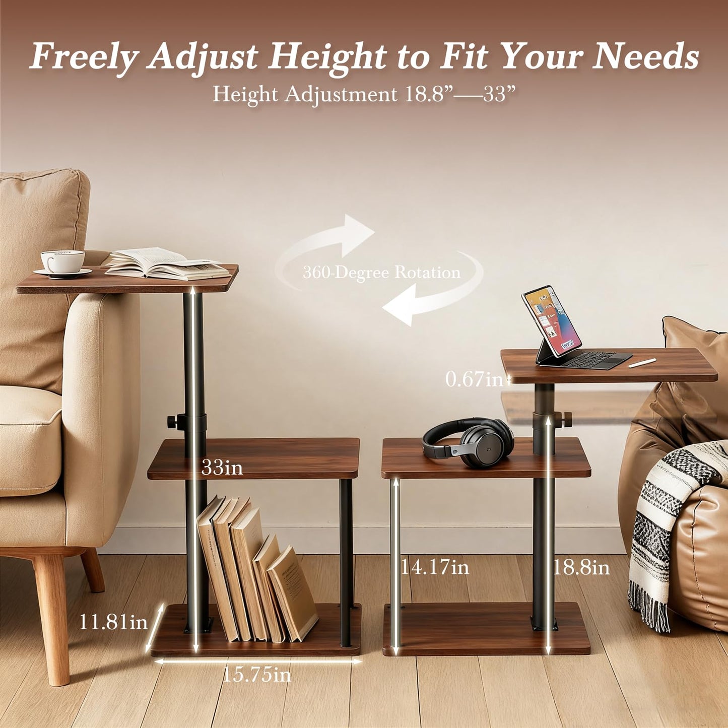 Faesun Swivel Side Table for Couch Arm, Height Adjustable C Shaped End Table for Recliner or Bed, Tv Trays with Storage Shelf for Small Spaces- Small Nightstand for Living Room, Bedroom