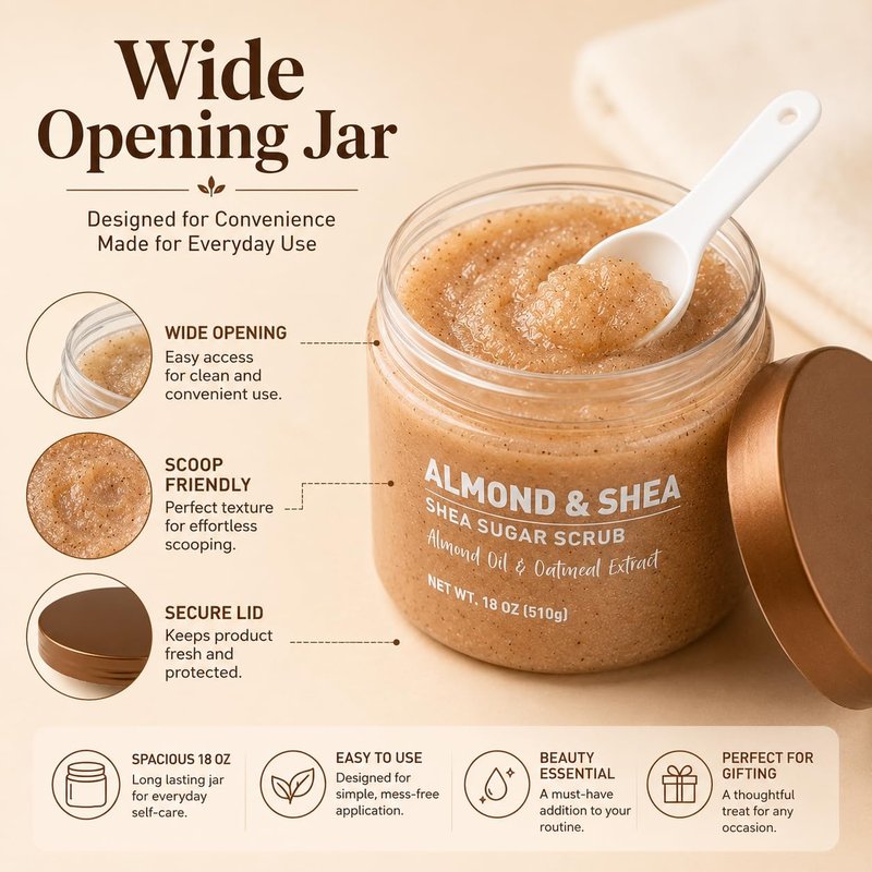 Veloura Shea Sugar Body Scrub with Almond & Shea Butter – Exfoliating Sugar Scrub for Body, Moisturizing Body Exfoliator for Dry & Dull Skin, Smooth Radiant Glow – 18 oz