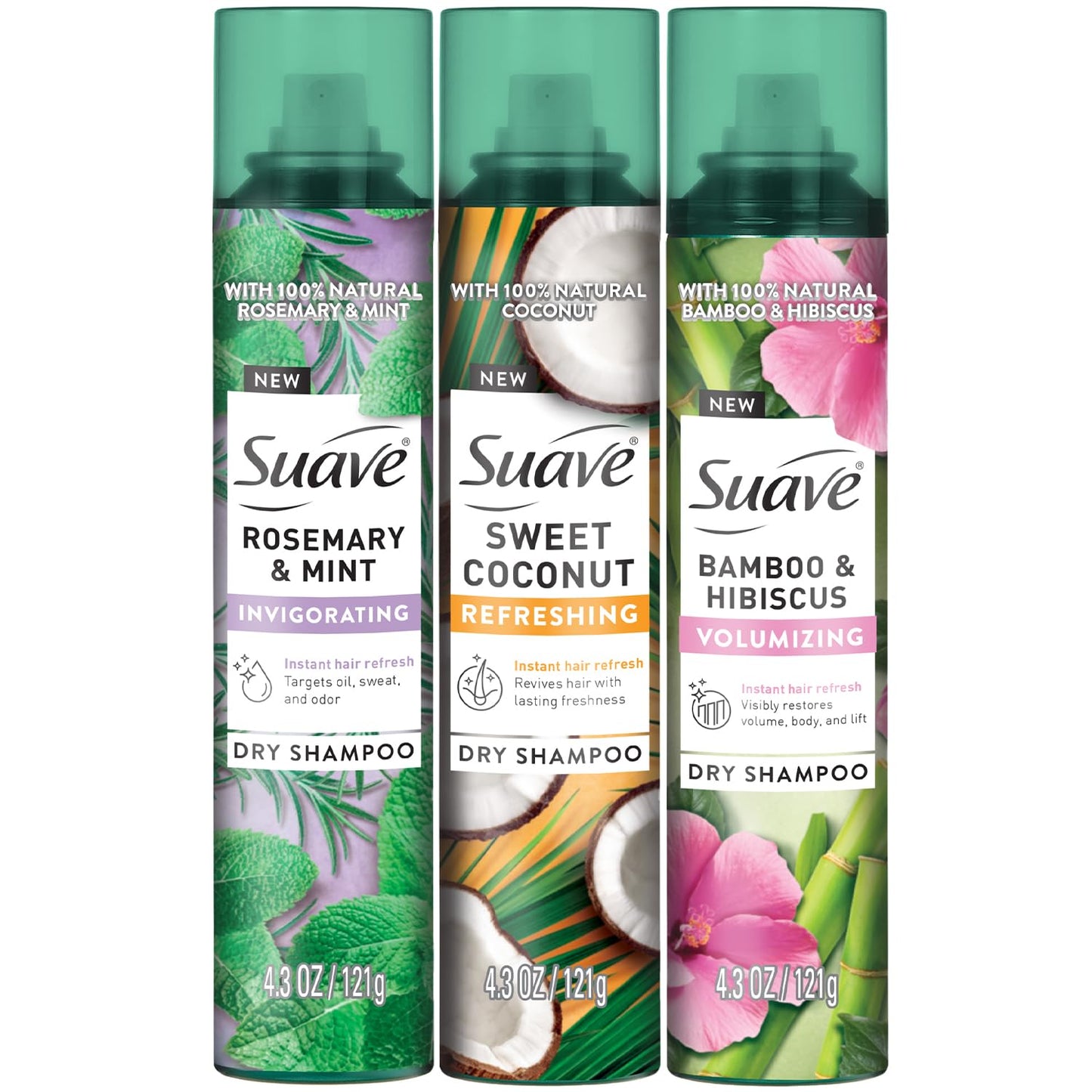 Suave Dry Shampoo Spray Variety 3-Pack – Invigorating Rosemary & Mint, Volumizing Bamboo & Hibiscus + Refreshing Sweet Coconut, 4.3 Oz Ea