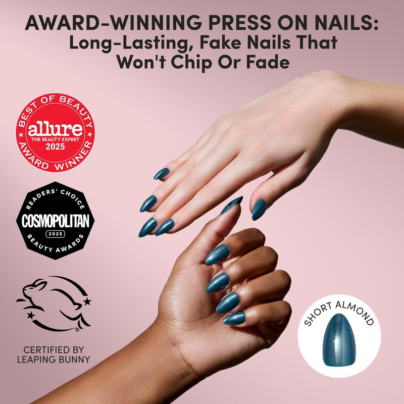 Glamnetic Press On Nails - Green Short Almond Fake Nails with Reflective Glaze Finish | Salon Quality Summer Nails | Midnight Teal |15 Sizes - 30 Nail Kit with Glue