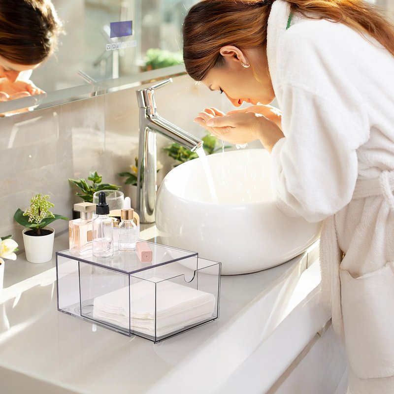 cobee Disposable Face Towel Holder, Acrylic Face Towel Storage Box Bin Container Stackable Clear Makeup Organizer with Drawer for Vanity Bathroom Makeup Organization