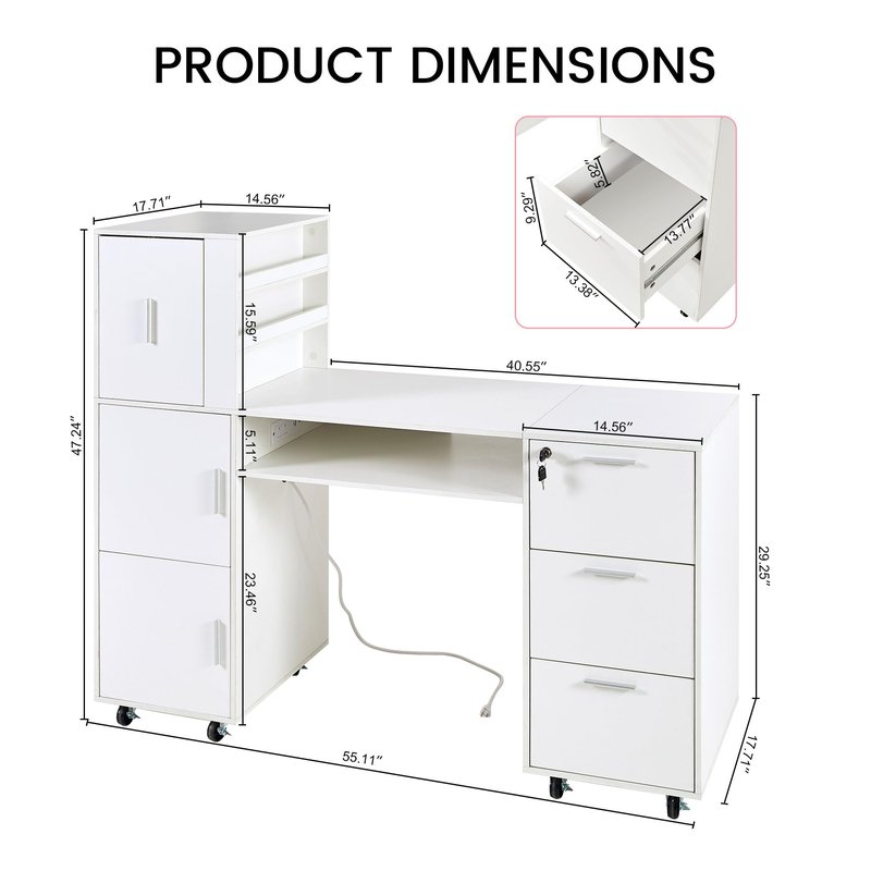DUDUSHIMAN Manicure Table Nail Desk for Nail tech, 56 Inch Beauty Nail Table w/3 Cabinet+3 Drawers+3 Layers Open Cabinet+1 Open Drawer + 1 Power Outlet for Professional Salon Manicure Workstation
