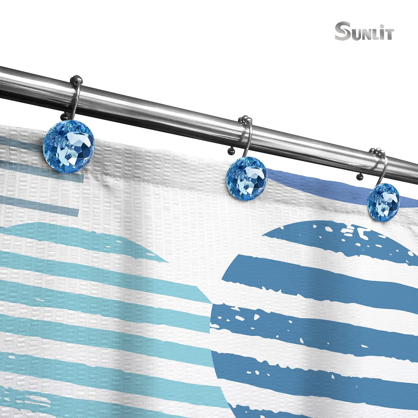 Sunlit Luxury Design Round Blue Diamond Crystal Gem Bling with Glide Balls Shower Curtain Hooks, Rust Proof Metal Rhinestones Glam Shower Curtain Rings-12 Pack