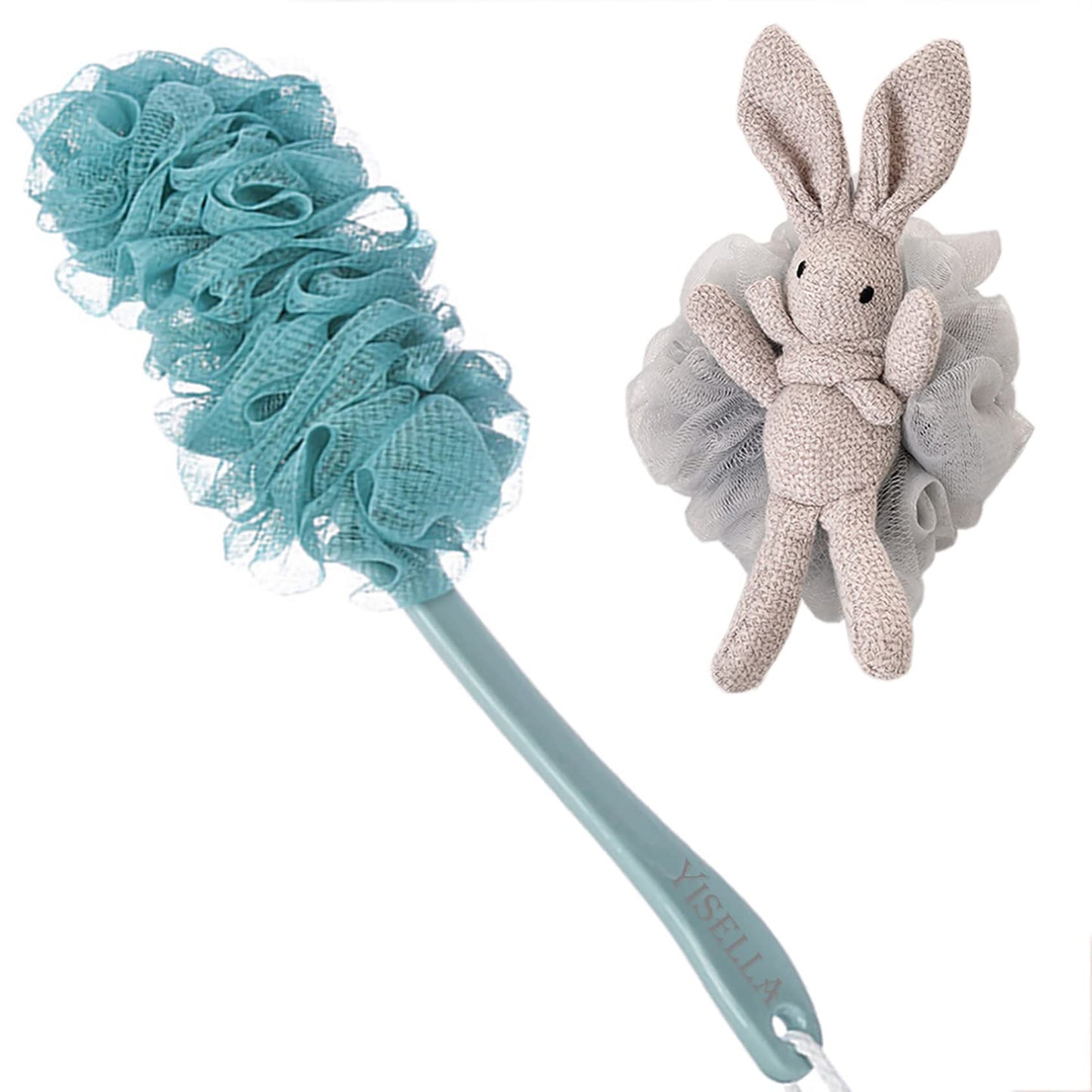 Yisella Bath Brush Long Handle Back Washer for Shower + Gray Luffa Bath Sponge