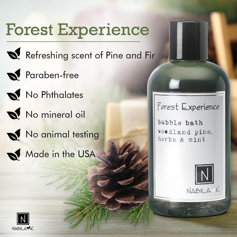 Nabila K Forest Experience Bubble Bath with Pine, Herbs & Mint | Natural & Organic, Sulfate-Free, Tear-Free | Luxury Aromatherapy Bath Soak for Sensitive Skin | for Women & Men, 16 oz