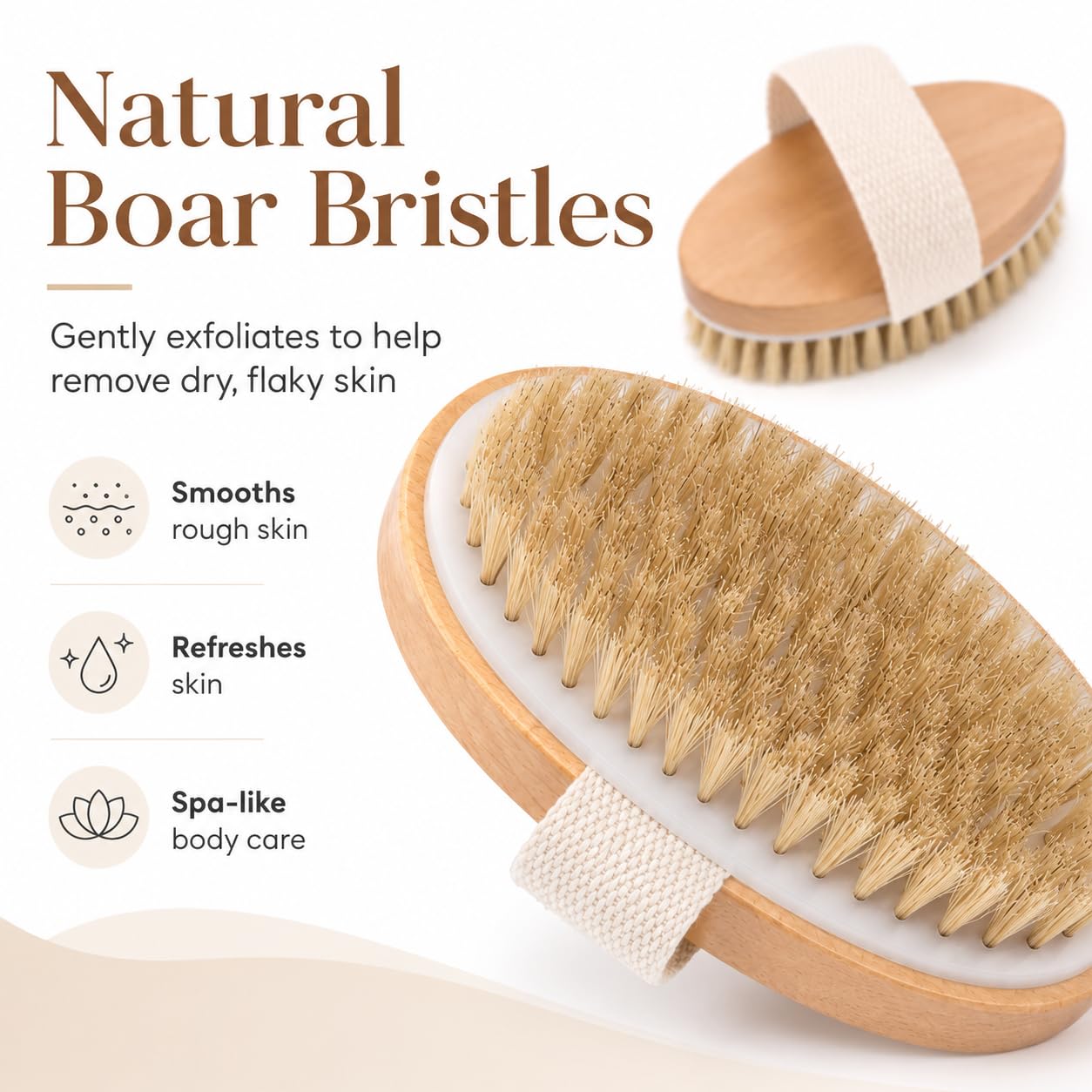 OPAZ Dry Body Brush 2 Pack, Natural Boar Bristle Exfoliating Body Brush for Dry Brushing, Handheld Shower Brush Scrubber with Wooden Handle & Cotton Strap, Skin Exfoliator Brush for Women and Men