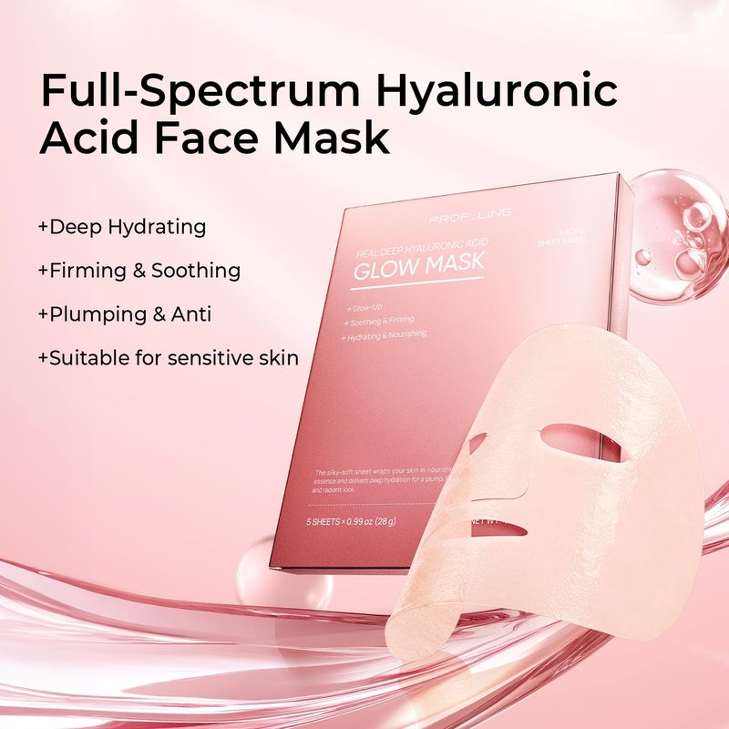 PROF.LING Real Deep Hyaluronic Acid Glow Mask, Tranexamic Acid & Niacinamide Face Mask, Deep Hydrating & Soothing Mask for Redness-Prone, Dry Skin, Brightening & Moisture, Korean Skincare，28g x 5ea
