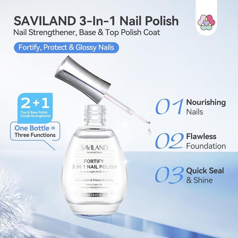 SAVILAND 3-in-1 Nail Strengthener & Top Coat - Quick-Dry Clear Polish for Damaged Nails | 15ml