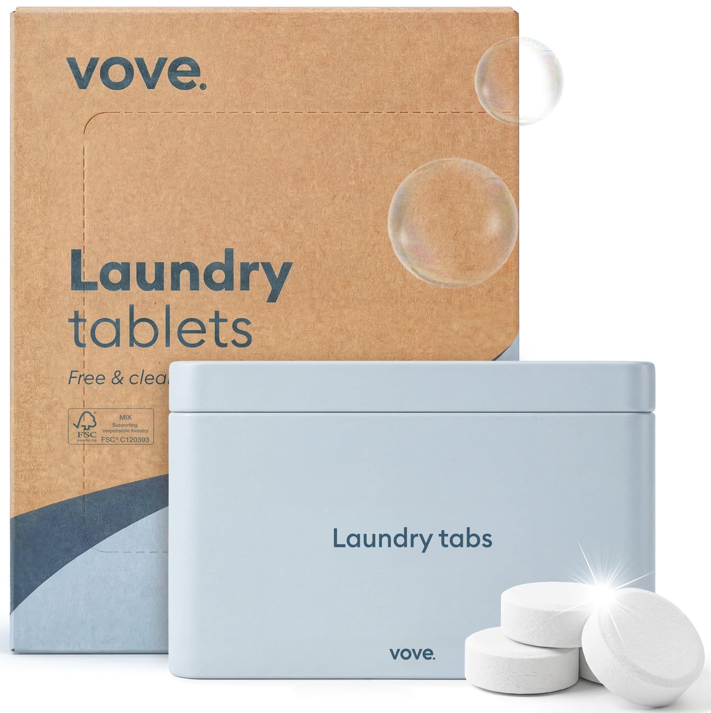 Vove Laundry Detergent Tablet Starter Set, 40 Loads with Reusable Storage Tin - Plastic-Free, PVA-Free, Zero Microplastics - Enzyme-Powered, Plant-Based, Fragrance-Free, Works in Cold Water