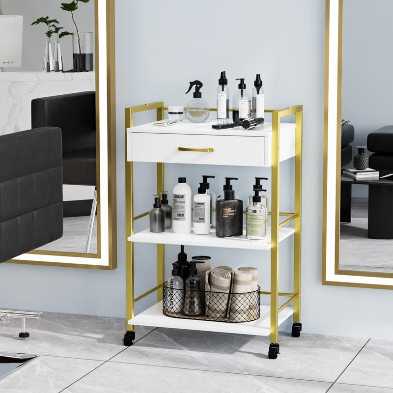 OmySalon Salon Trolley Cart with Wheels, Esthetician Cart with 1 Drawer & 2 Trays, Mobile Storage Organizer for Beauty Spa Massage Tattoo Esthetic Facial Tool Holder Station, White Gold
