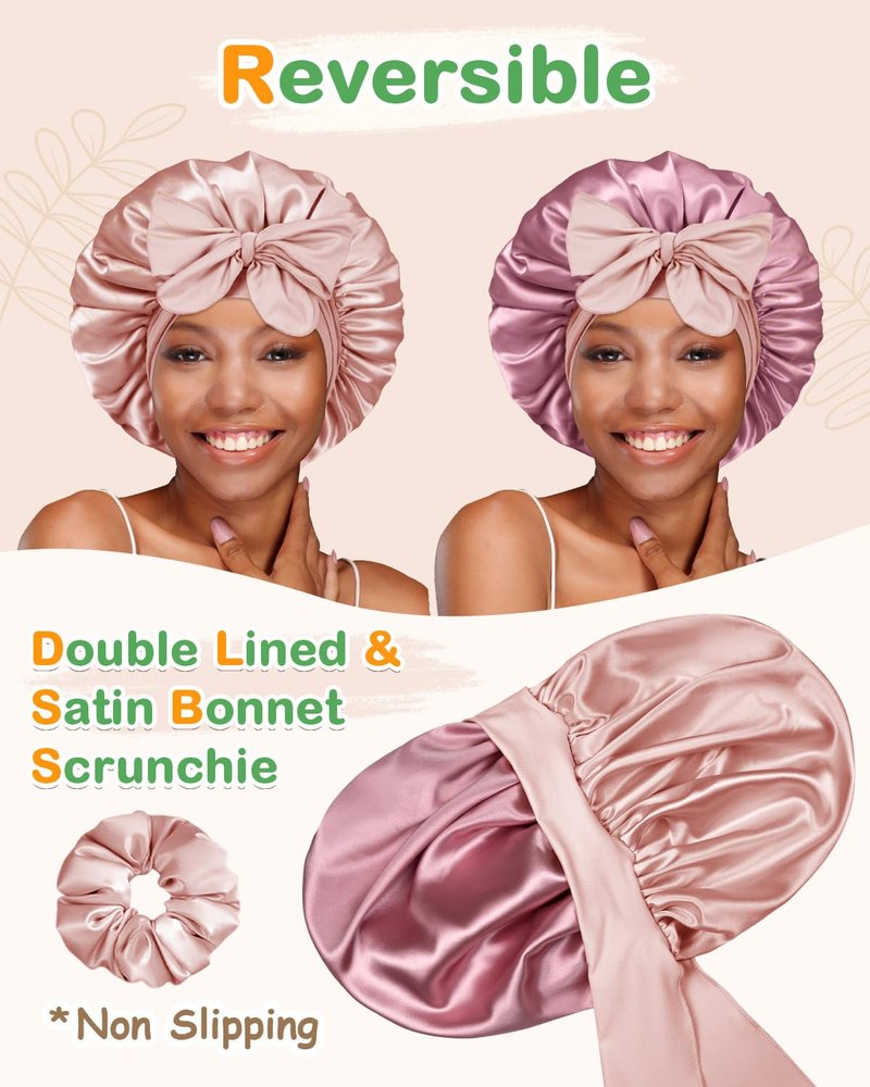 Bonnet Queen Silk Bonnet for Sleeping - Reversible Satin Night Cap with Adjustable Tie Band | Cream Pink & Rose Gold