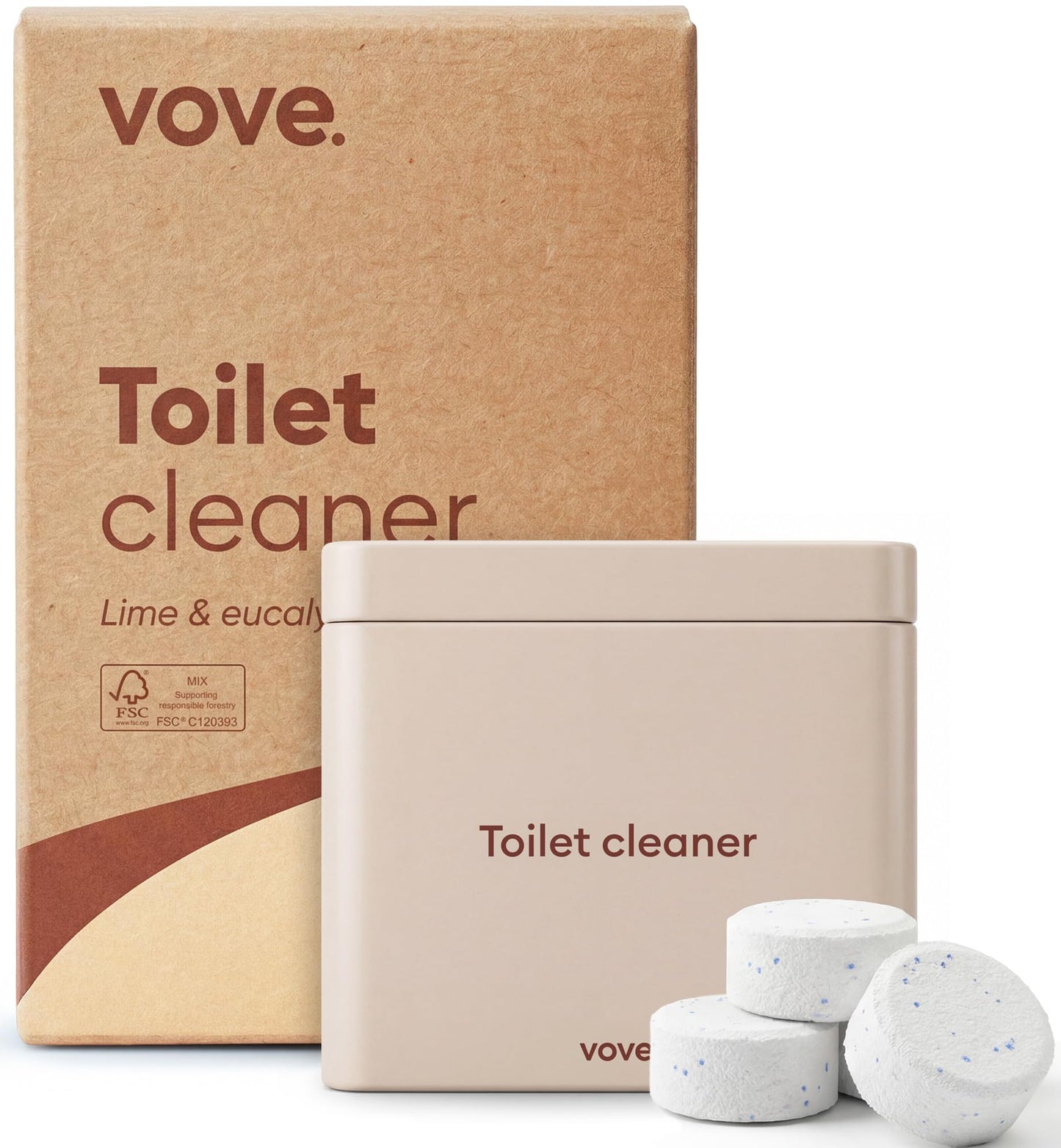 Vove Probiotic Toilet Bowl Cleaner Tablets Starter Set with Tin, 12 Count - Lime Eucalyptus, Citric Acid + Oxygen Bleach, Removes Hard Water & Limescale, Plant-Based, Septic Safe, Plastic-Free