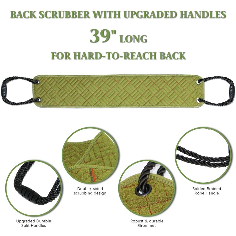 Back Scrubber with Upgraded Handles - 39Inch Double-Sided Body Exfoliator for Shower/Bath, Deep Cleansing Back Washer for Hard-to-Reach Areas, Unisex (Men & Women) (Green)