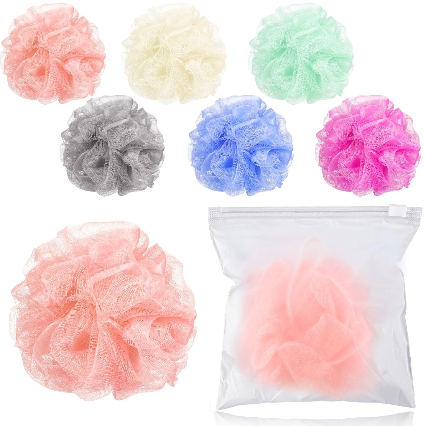 Funnymoom 6 Pcs Travel Size Loofah Individually Wrapped, Small Shower Puff Bath Sponge Pouf Ball Bulk Mesh Bath Puff Mini Loofah Sponge with Case Bulk for Shower Care (25g,Pastel)