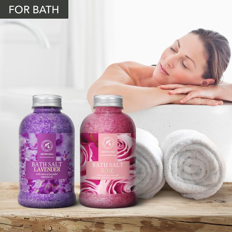 Bath Sea Salt Set 2х21.16Oz - Lavander & Rose - Lavender Essential Oil - Natural Rosewood Oil & Rose Extract - Aromatherapy - Relaxing - Body Care - Beauty