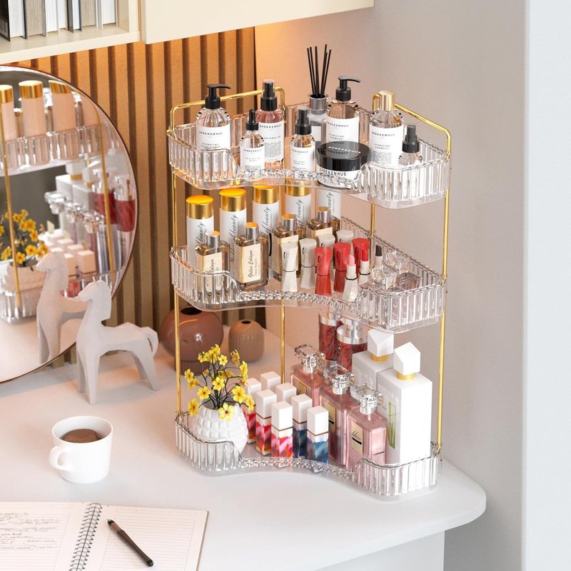 3-Tier Corner Bathroom Organizer - Large Capacity Makeup & Skincare Storage | Clear