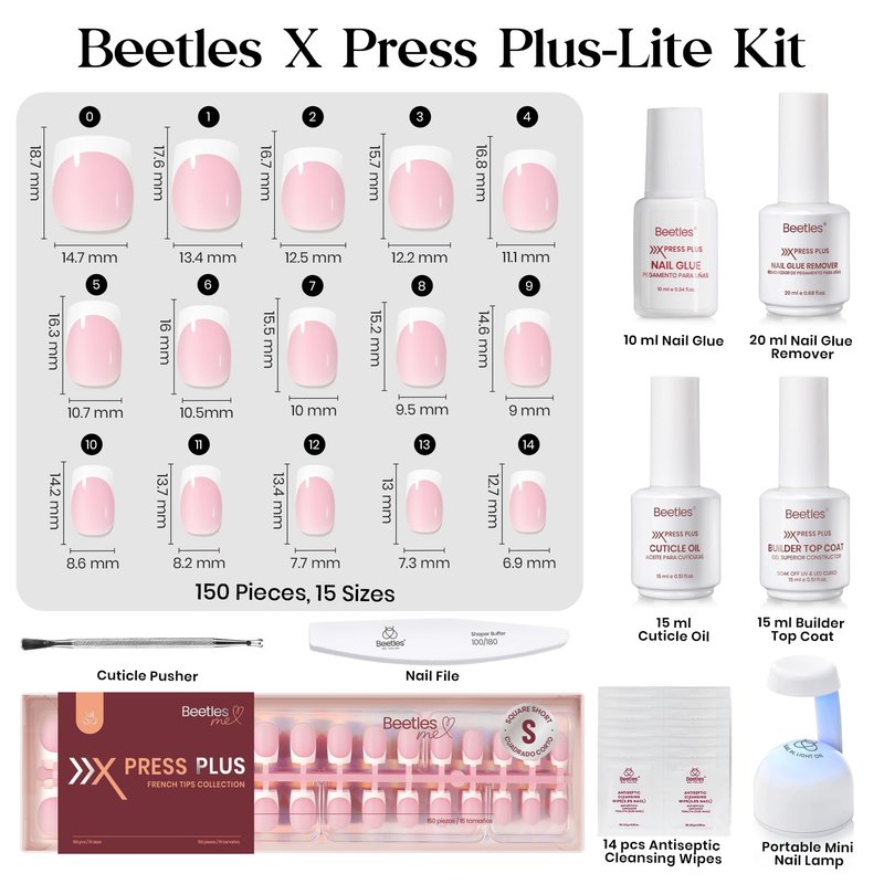 Beetles Press On Nails Kit-Short Square French Tip Press On Nails Kit with 150Pcs Pink French Nail Tips Nail Glue & Remover Builder Top Coat Nail Lamp,All-in-One DIY Fake Nails Gift for Women