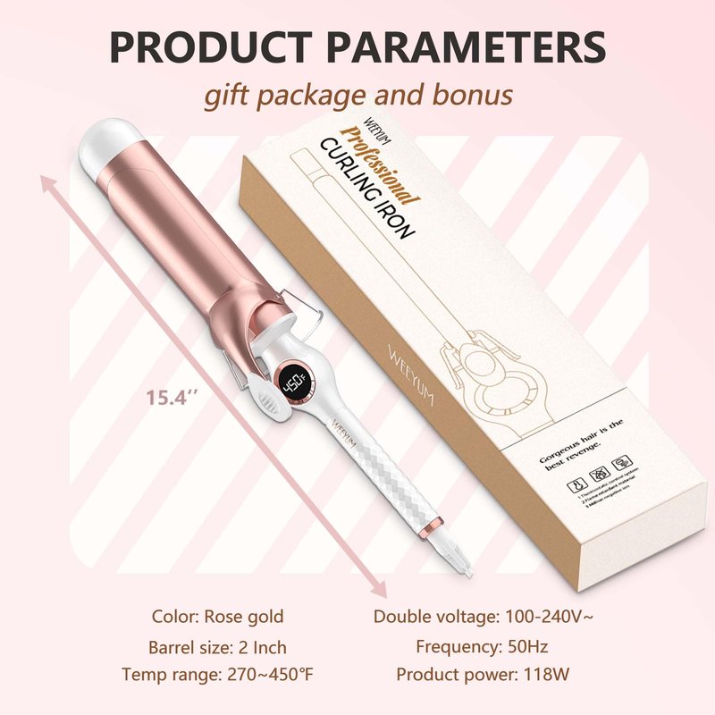 Large Curling Iron 2 Inch Barrel, Long Barrel Curling Wand for Hair, Ceramic Tourmaline Hair Styling Tool, Double Voltage, White