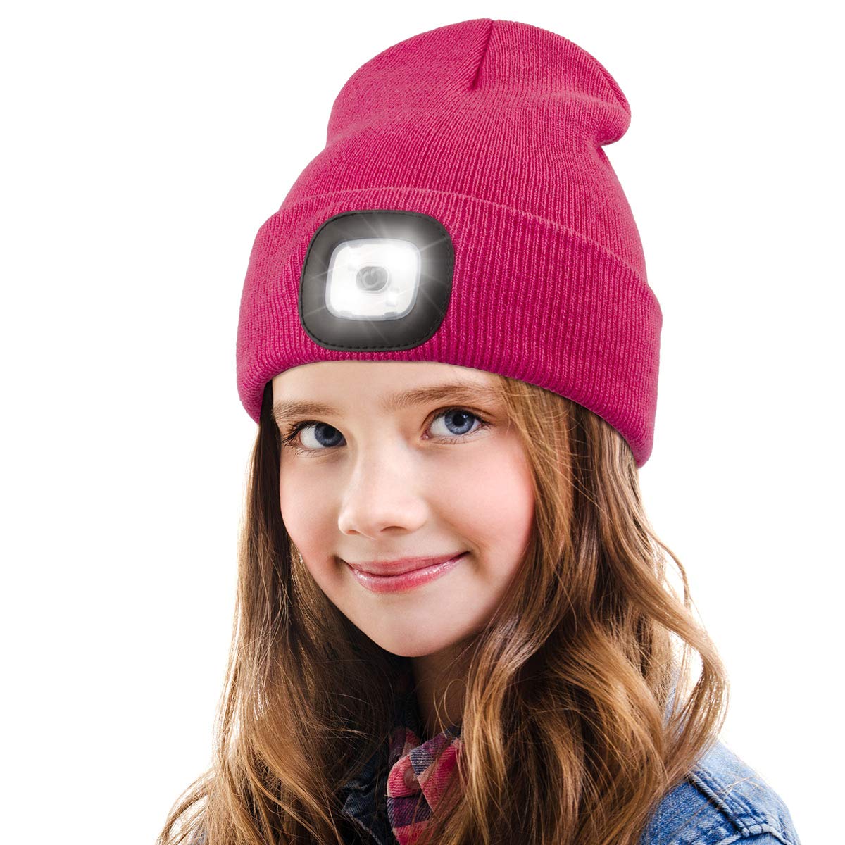 YunTuo Beanie with The Light for Kids, Unisex USB Rechargeable Headlamp Hat Winter Knitted Night Lighted Cap Flashlight, Gifts for Kids Boys Girls(Rose Red)