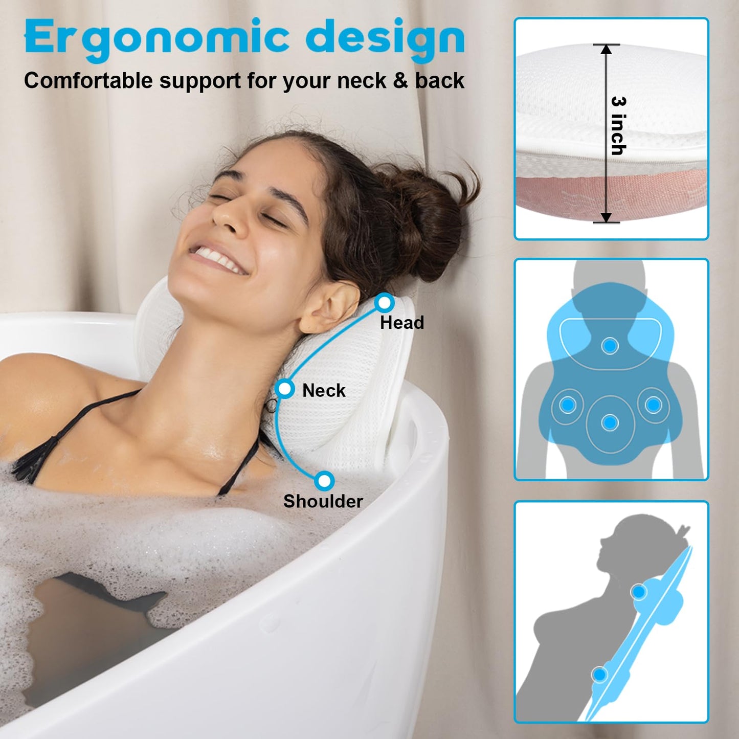 JUSDOO Bath Pillows for Tub Neck and Back Support - Upgraded Non-Slip Rubber Backing & 6 Suction Cups, 4D Air Mesh Spa Bathtub Cushion for Head Rest, Machine Washable with Laundry Bag & Hook(White)