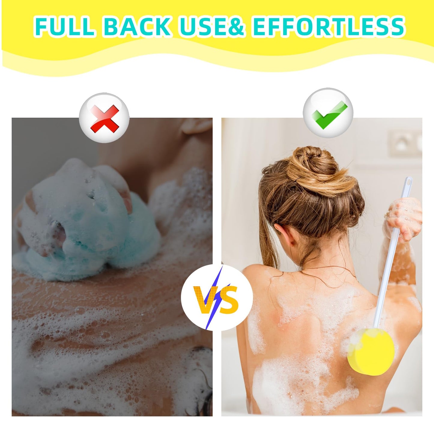 Uiifan 4 Pcs Long Handle Bath Sponge Yellow Back Sponge on a Stick Round and 8 Shape Back Washer for Shower White Handle Butt Scrubber Bathing Brush for Foot Body Cleaning Bathing Limited Motion