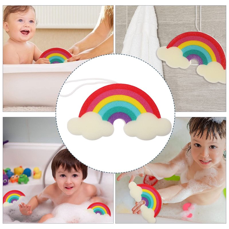 Mobestech Rainbow Shower Sponge for Kids Soft Exfoliating Bath Loofah Body Scrubber Gentle Cleaning with Fun Rainbow Design Lightweight and Compact 9.05X4.72X1.37In