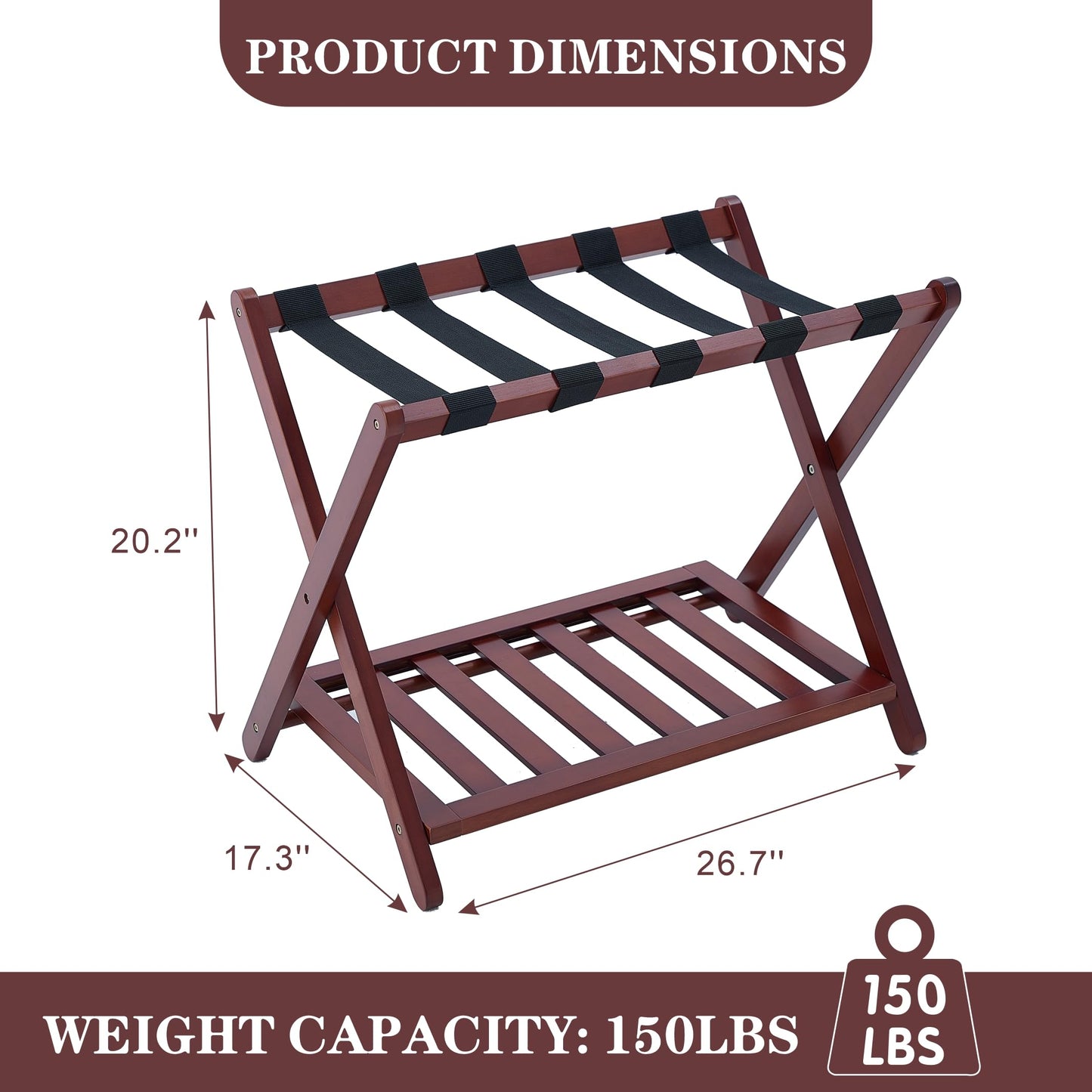 WSLUKVII Full Assembled Luggage Rack with 3-Layer Lacquer, Heavy-Duty Up to 150 lbs, Folding Suitcase Stand with Storage Shelf for Home, Guest Room, Bedroom, Hotel