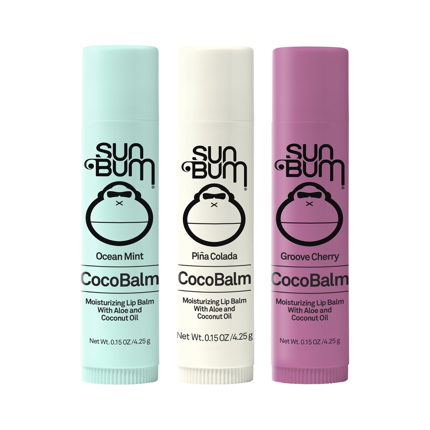 Sun Bum Cocobalm 3 Flavor Variety Pack - Ocean Mint, Piña Colada, and Groove Cherry - Hydrating Lip Balm with Coconut Oil and Aloe Vera (0.15 oz, 3 ct)