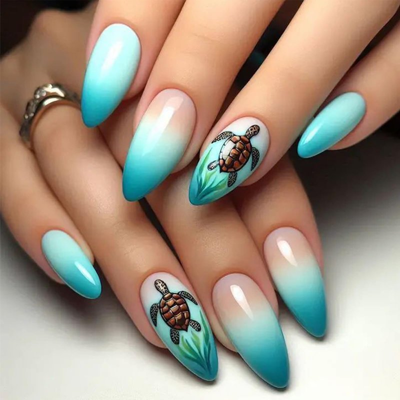 GCSQW Summer Press on Nails Medium Almond, Gradient Green Ocean Fake Nails with Turtle Designs Glossy Acrylic Nails Press ons, 24Pcs Reusable Stick on Nails for Women Manicure