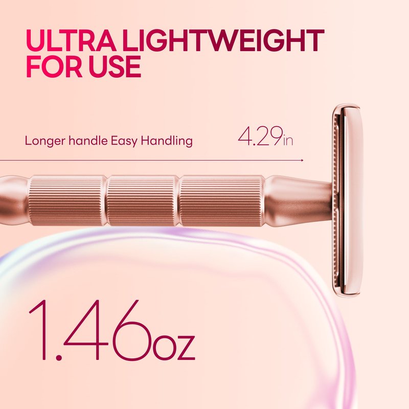 CAVEEM Rose Gold Double-Edge Safety Razor, Single-Blade Razors with 5 Stainless Steel Blades, Reusable Metal Razor for Men and Women