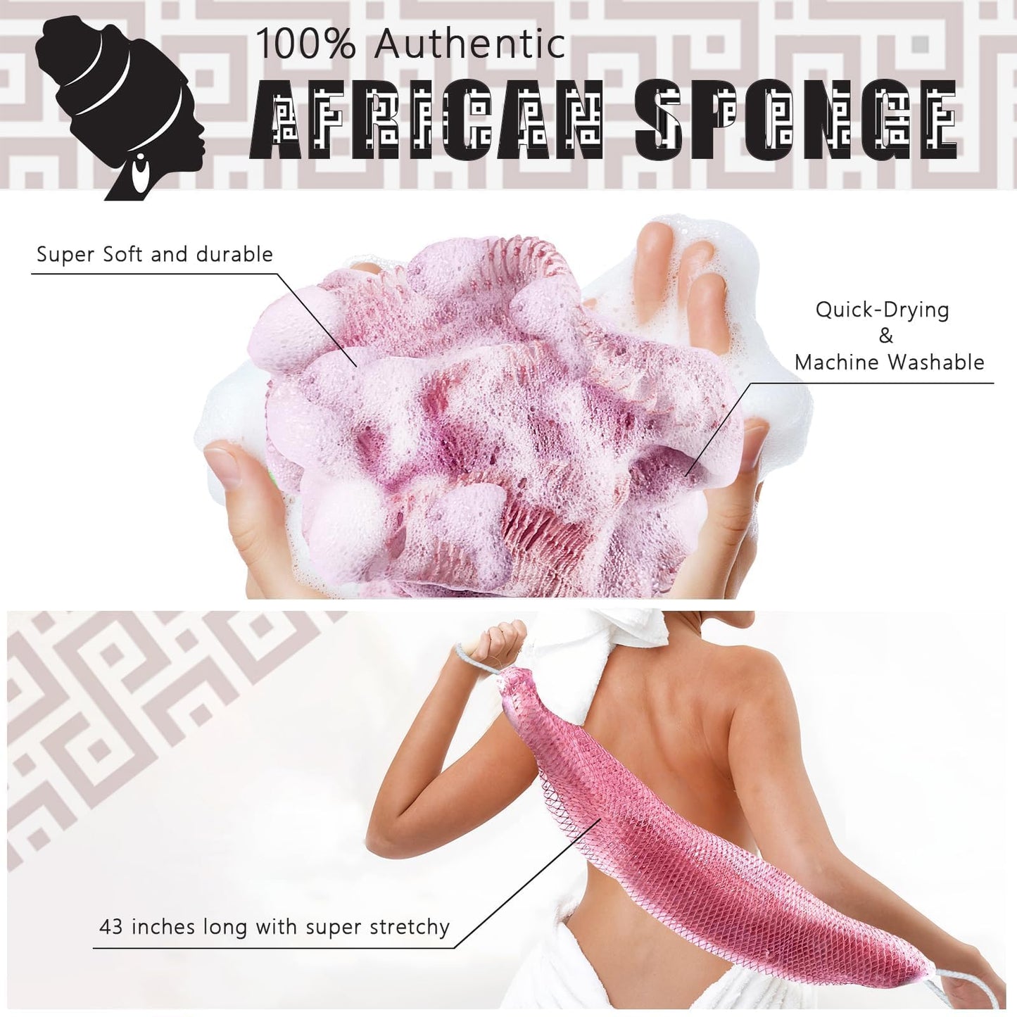 African Net Sponge Authentic with Knots - African Exfoliating Net Sponge with Handles for Body Scrubber Exfoliator - Real Africa Back Wash Bath Sponges for Shower Machine Washed & Bathing Accessories