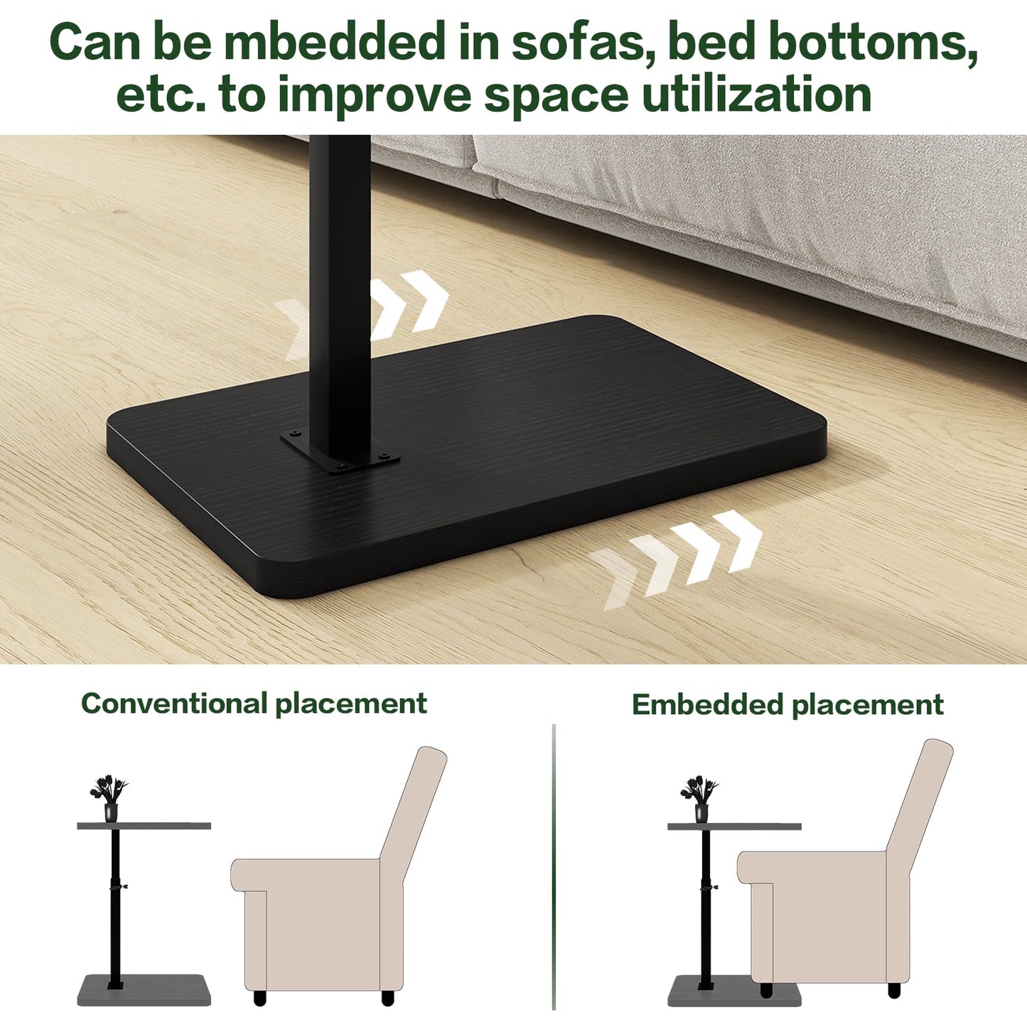 IBUYKE C Shaped Side Table, 360° Swivel Height Adjustable End Table for Small Spaces, with Phone & Tablet Slot, Modern Small Coffee Snack Table for Sofa/Bed, Black UTVT003B