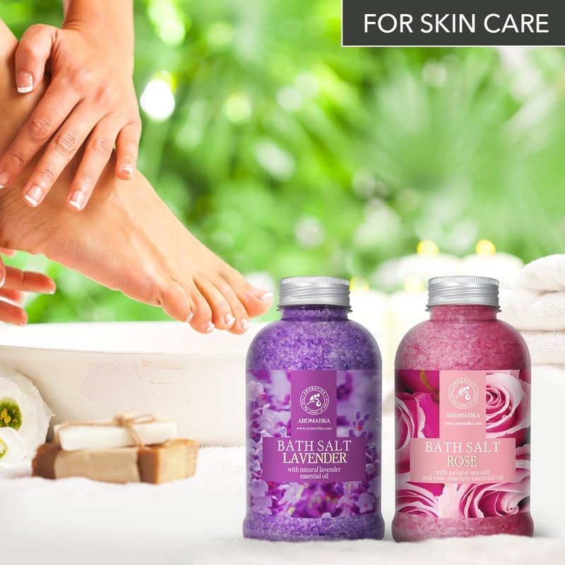 Bath Sea Salt Set 2х21.16Oz - Lavander & Rose - Lavender Essential Oil - Natural Rosewood Oil & Rose Extract - Aromatherapy - Relaxing - Body Care - Beauty