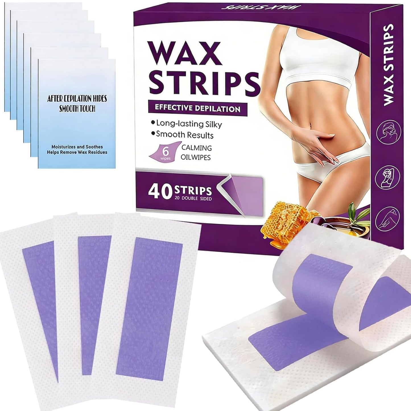 Wax Strips for Hair Removal,Waxing Strips for Women Sensitive All Skin,40 Face Wax Strips with 6 Soothing Wipes,Wax Strips for Face,Lips,Body,Chest,Legs,Bikini Line,Arms,Purple
