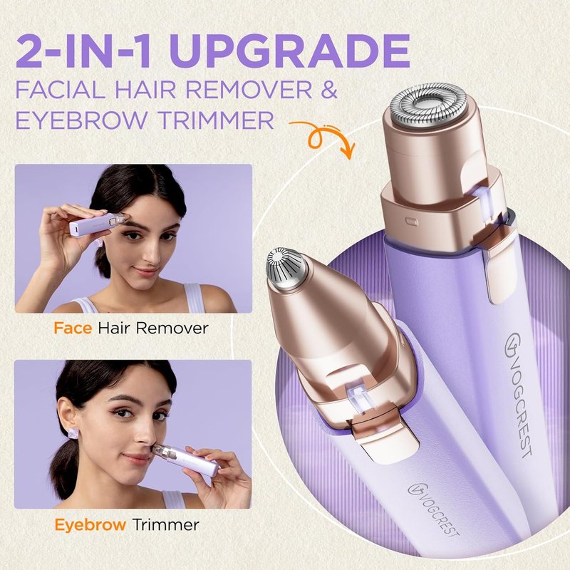 Rechargeable Facial Hair Remover - 2-in-1 Electric Eyebrow & Facial Trimmer with LED Light | Purple