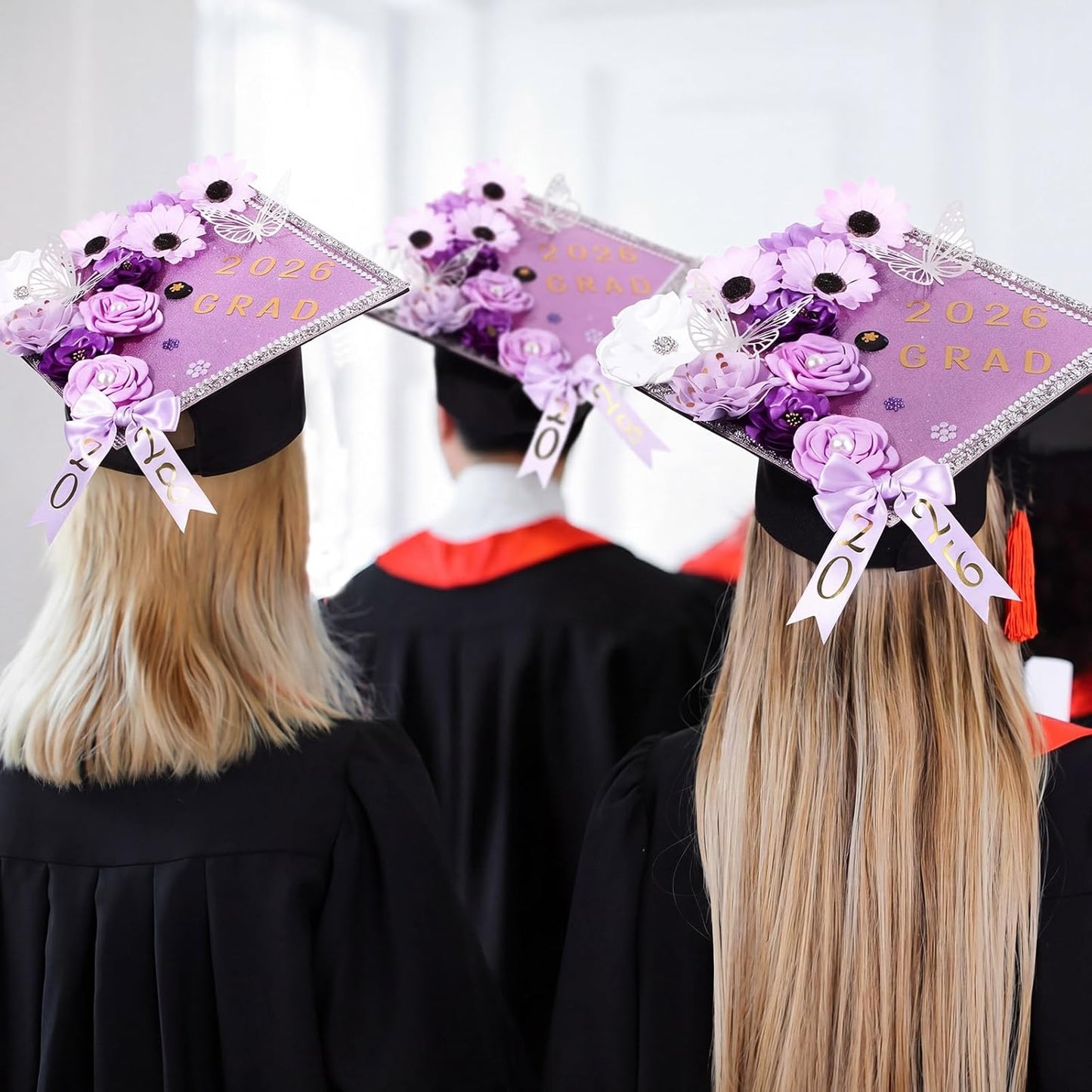 Wavwavw Graduation Cap Decoration Kit - 62 Pcs with Faux Flowers, 3D Butterflies & Rhinestones | Purple