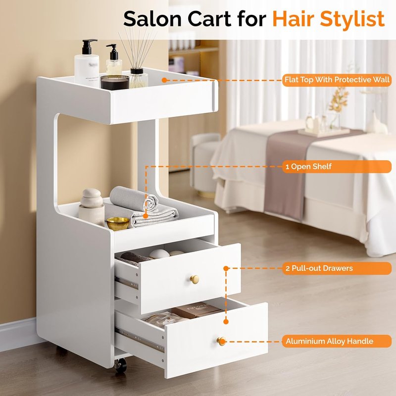 OmySalon Salon Trolley Cart, Esthetician Cart with Wheels, Hair Styling Station with 2 Drawers, 1 Open Shelf, Mobile Storage Cabinet Utility Trolley for Beauty Salon Spa, White