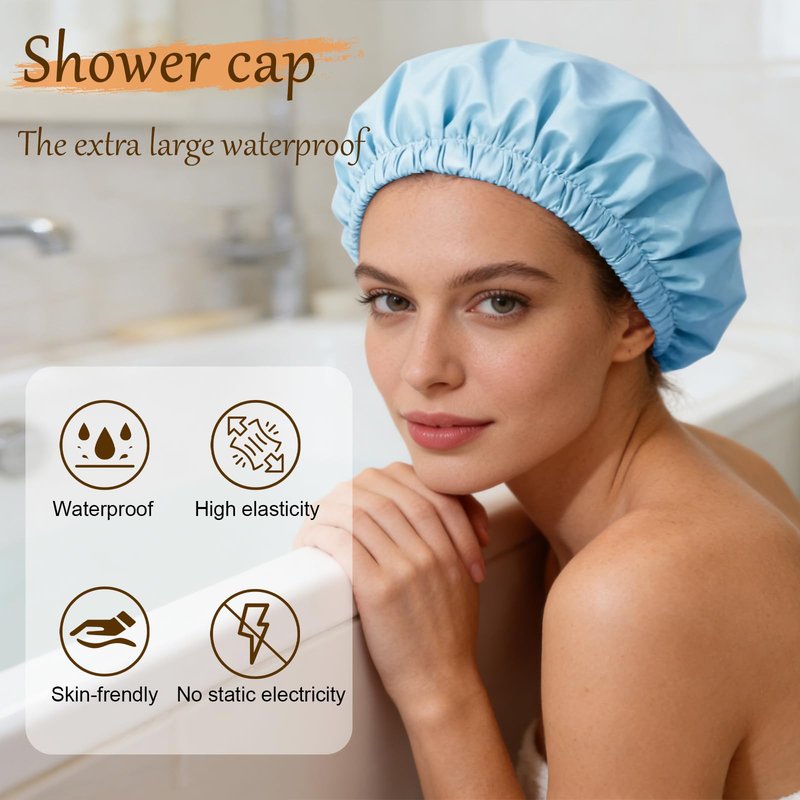 Doitory Satin Lined Shower Cap for Women, Reusable Waterproof Hair Cap, Large Washable Bath Caps with Soft Elastic Band, Protect Long Hair Braids(Light Blue)