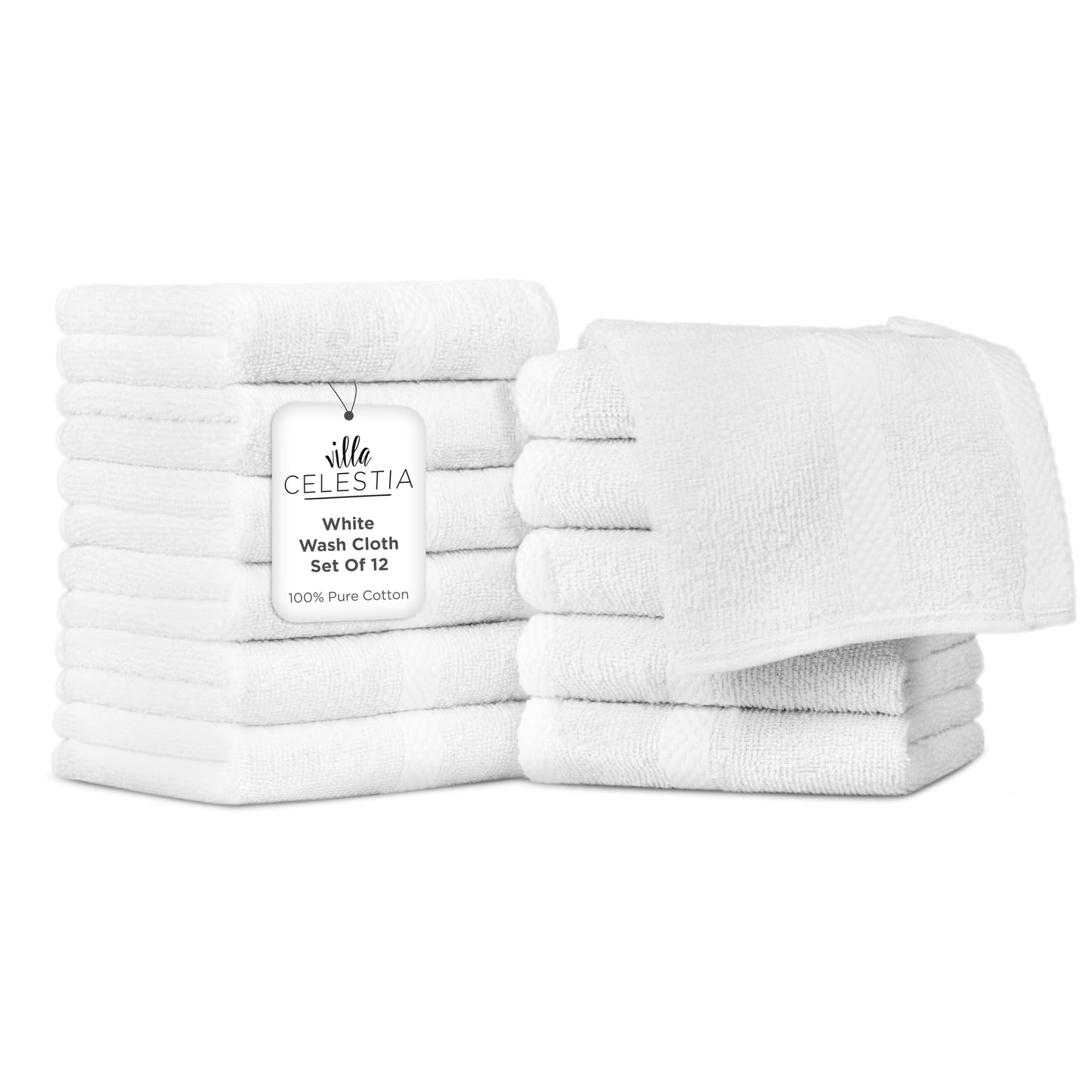Villa Celestia Cotton Washcloths Set of 12, 12x12 Inch, 100% Ring-Spun Combed Cotton, Soft Absorbent Quick-Dry Wash Cloths for Face and Body, Oeko-TEX Certified, Hotel & Spa Quality, White